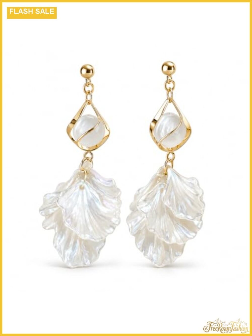 Gold Dangle Drop Earrings with Iridescent Floral Charm, Boho Beach Vacation